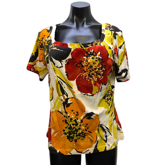 St. John Sport Floral Print Blouse Red Orange Black L