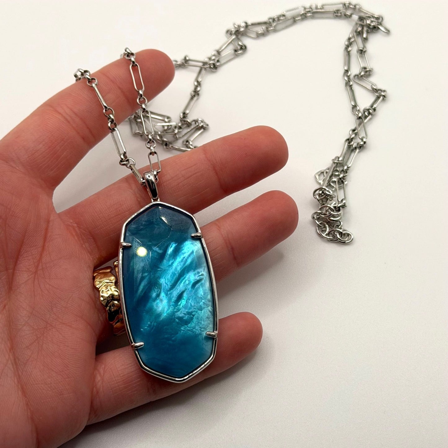 Kendra Scott Silver Tone Long Necklace With Blue Pendant
