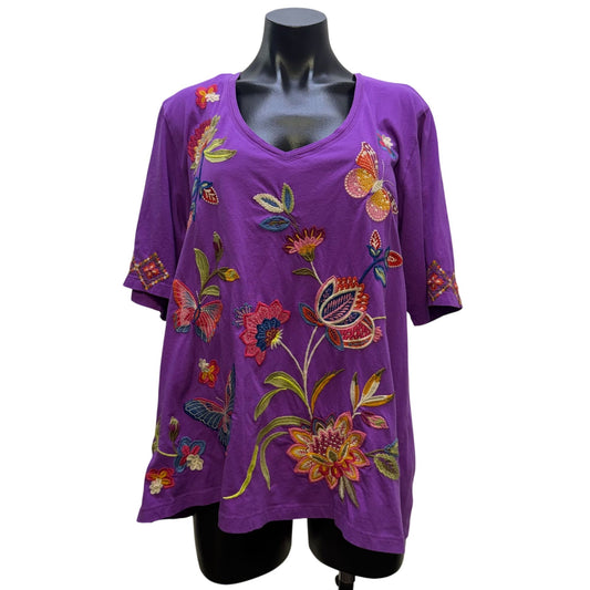 NWT Johnny Was Purple Floral Butterfly Embroidered Blouse XL