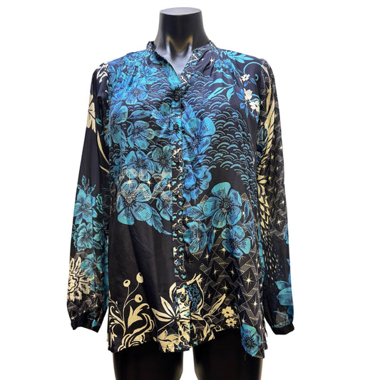 Johnny Was Blue Silk Floral Printed Button-Up Blouse XXS