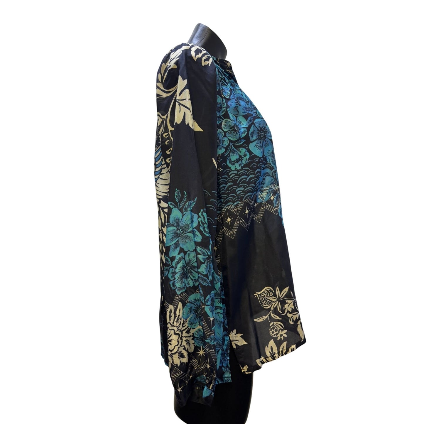 Johnny Was Blue Silk Floral Printed Button-Up Blouse XXS