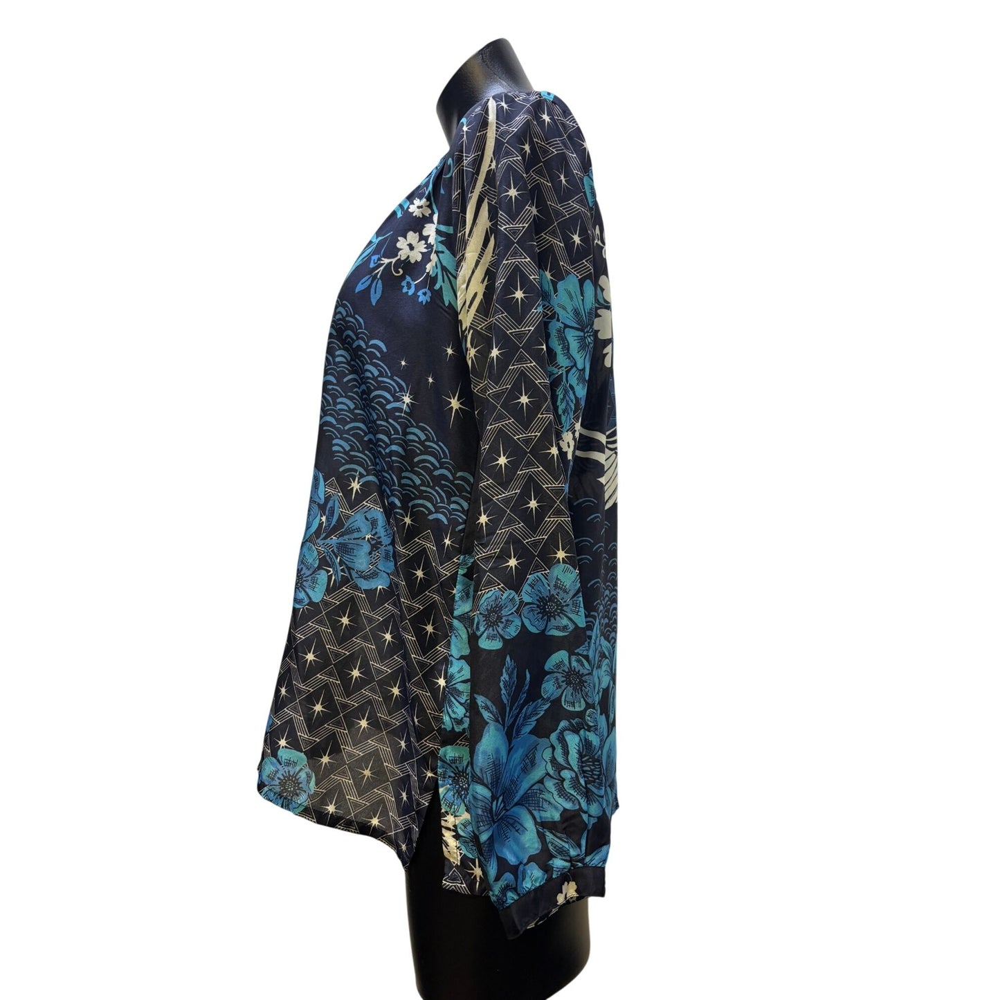Johnny Was Blue Silk Floral Printed Button-Up Blouse XXS