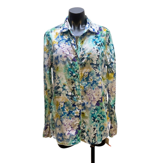 Cino Womens Floral Button-Up 100% Cotton Shirt Blouse Large Blue