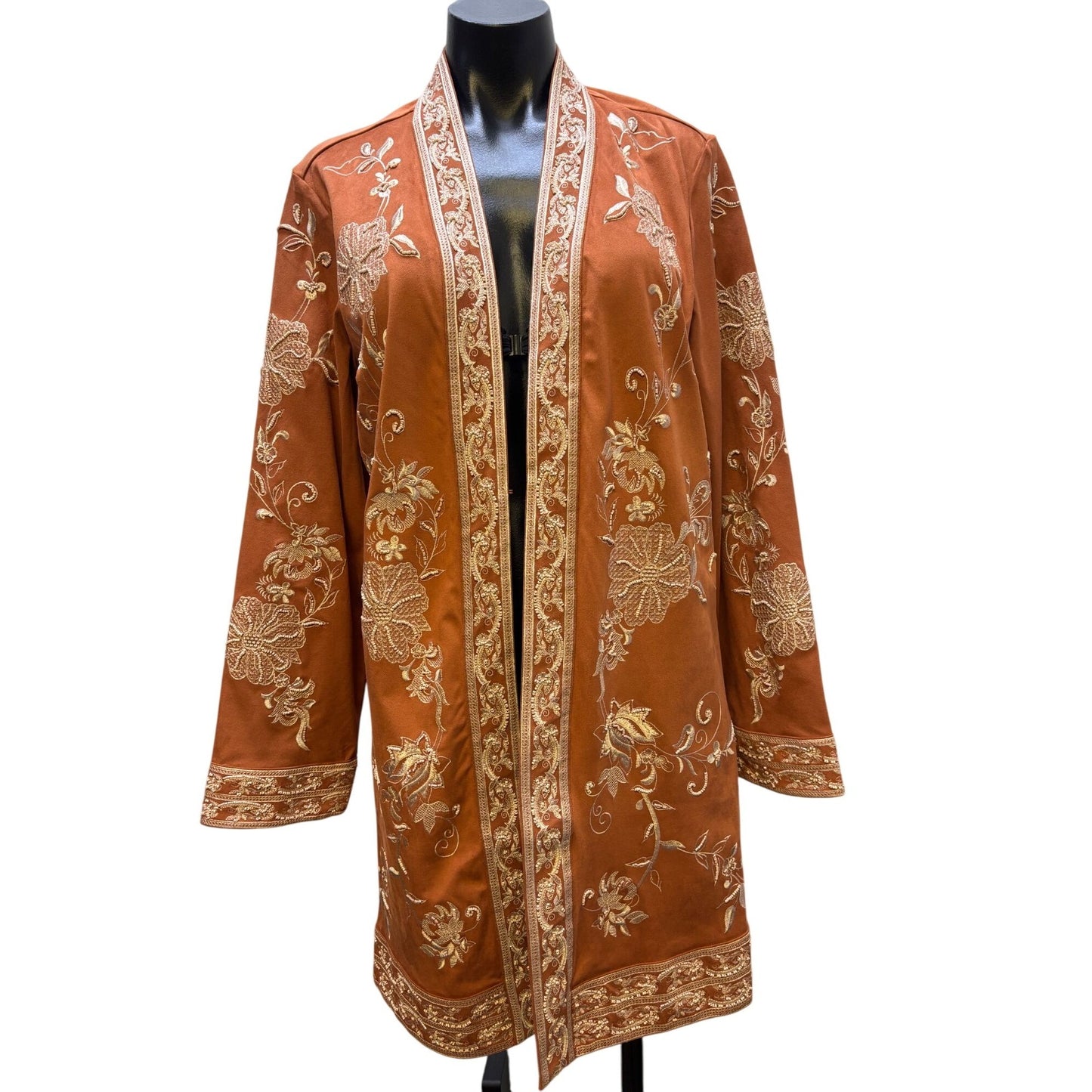 NWT Soft Surroundings Embroidered Faux Suede Kimono Jacket Orange M
