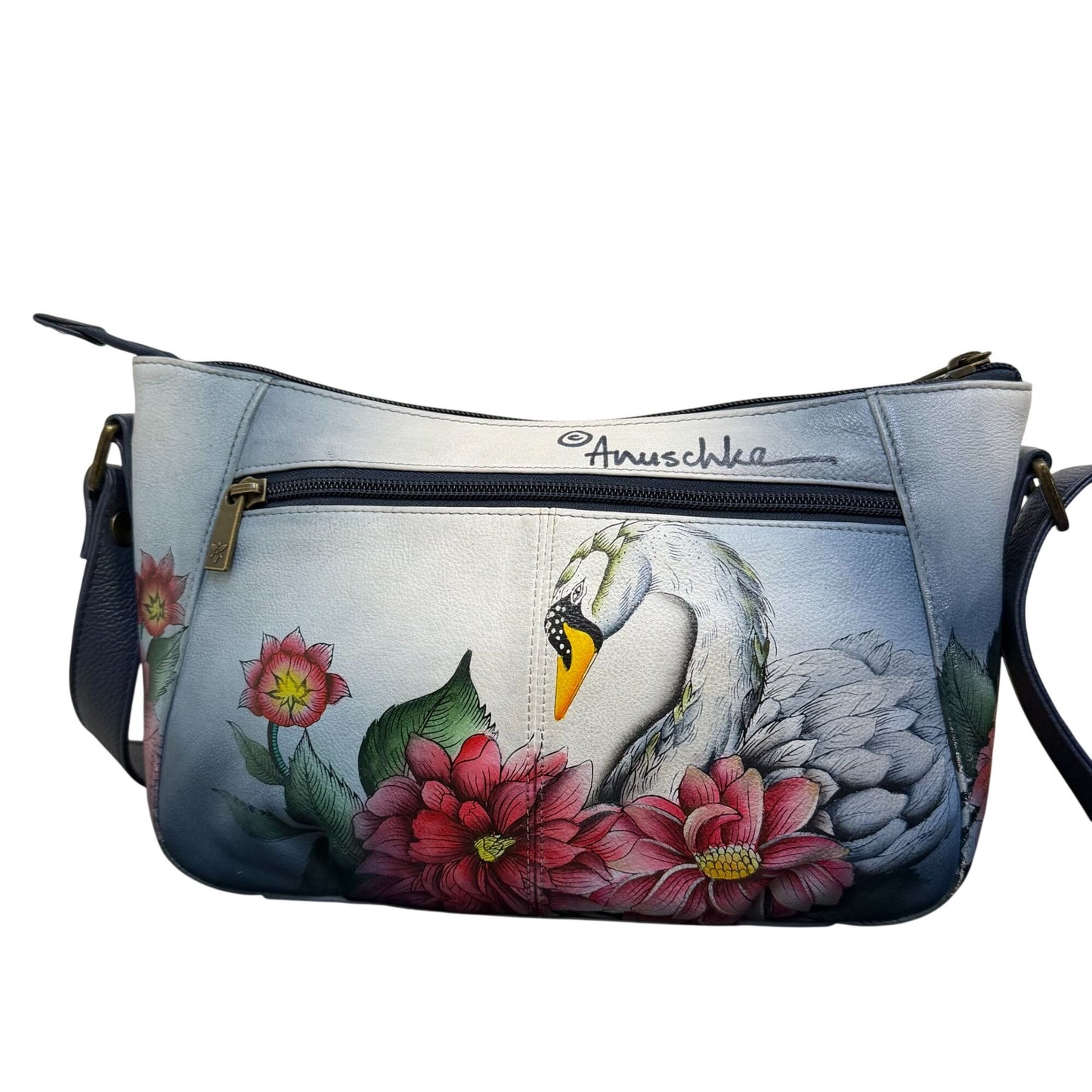 Anuscka Swan Floral Leather Crossbody Handbag With Artistic Design