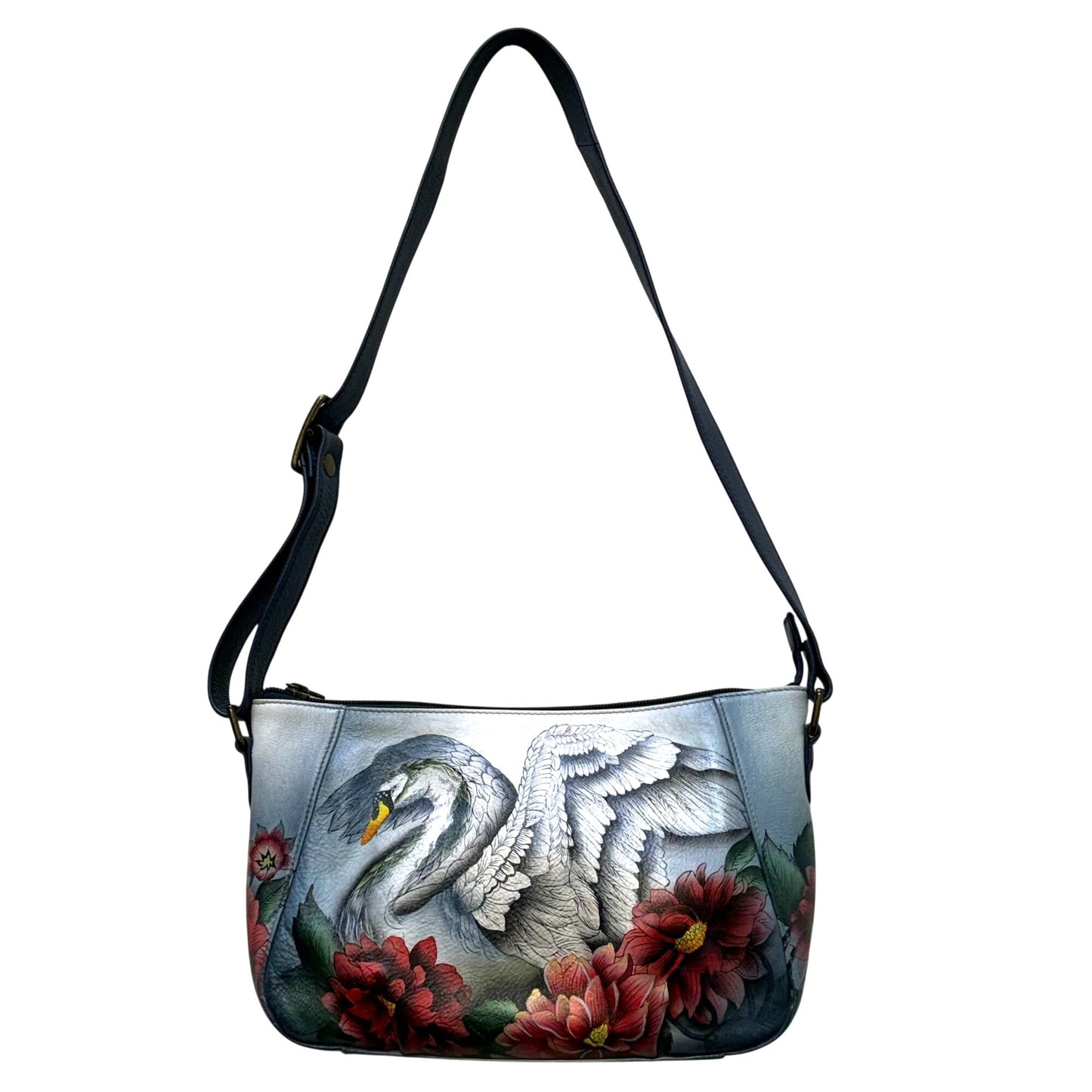 Anuscka Swan Floral Leather Crossbody Handbag With Artistic Design