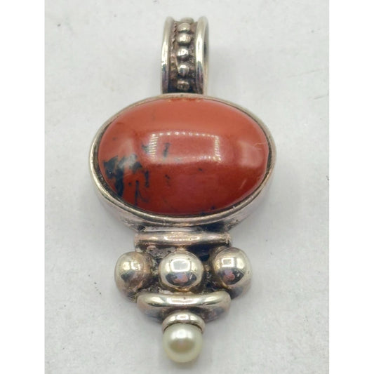Sterling Silver Jasper & Pearl Pendant 925
