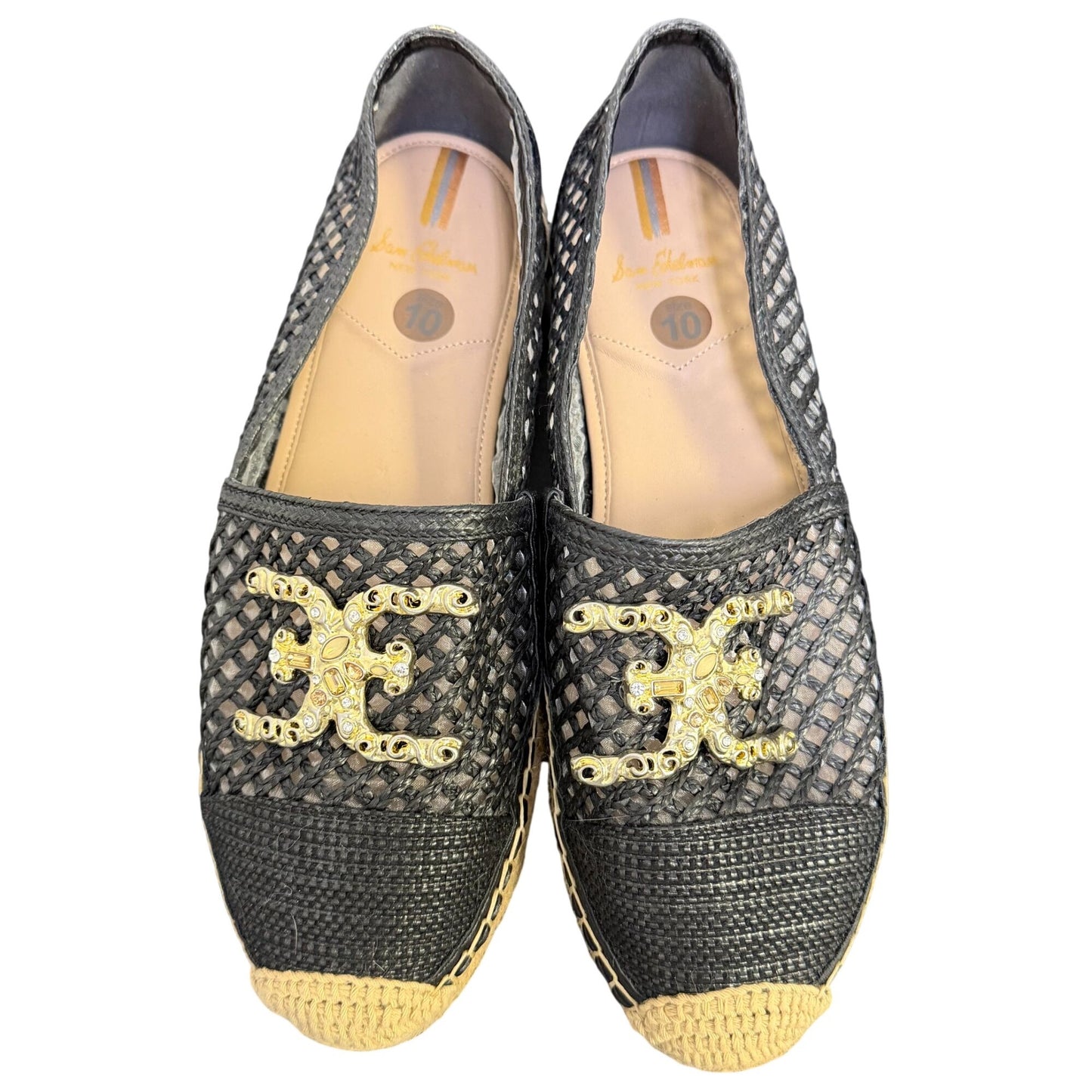 NWOT Sam Edelman Black Mesh Espadrilles With Gold Embellishments Size 10