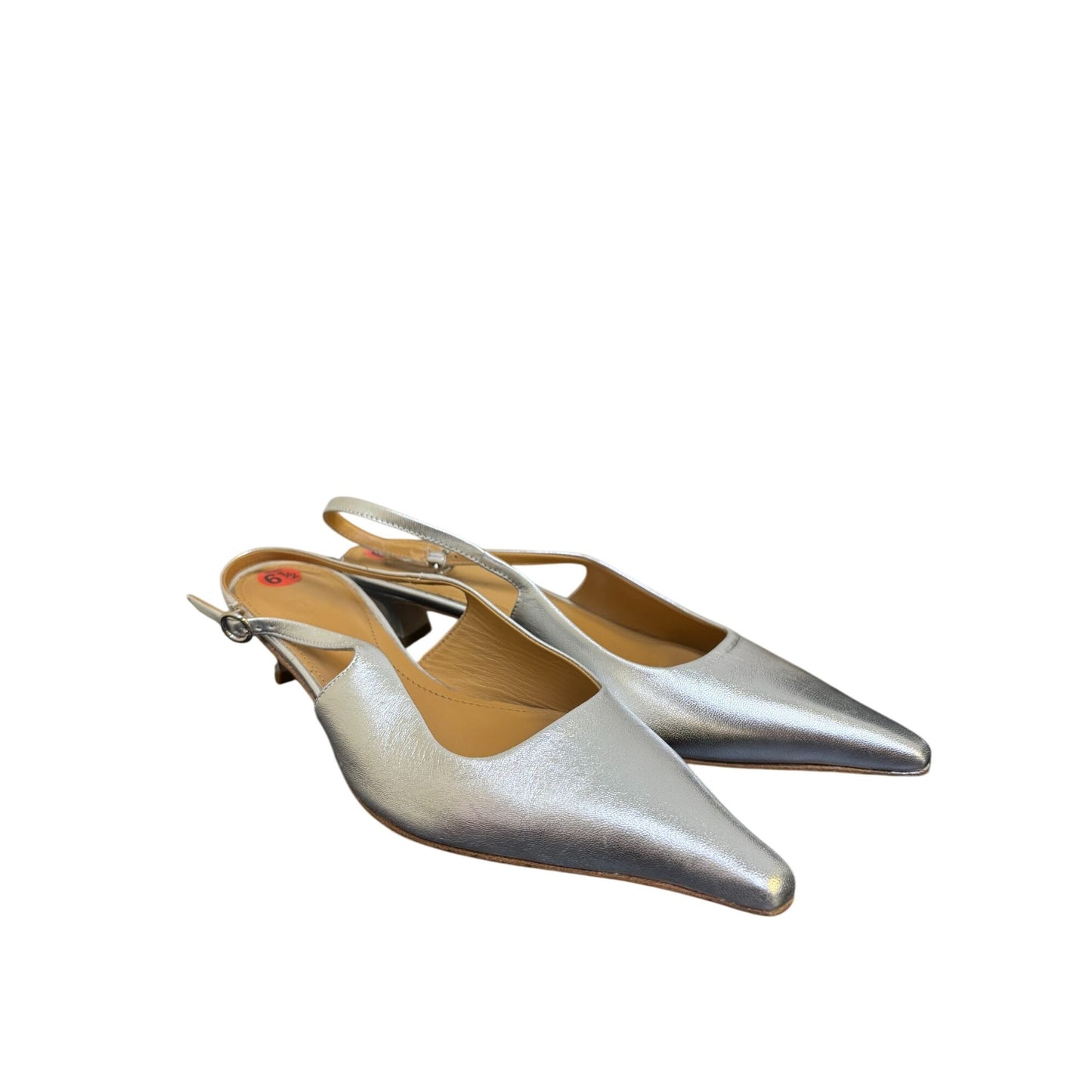Aeyde Metallic Silver Leather Pointed Toe Slingback Kitten Heel Shoes