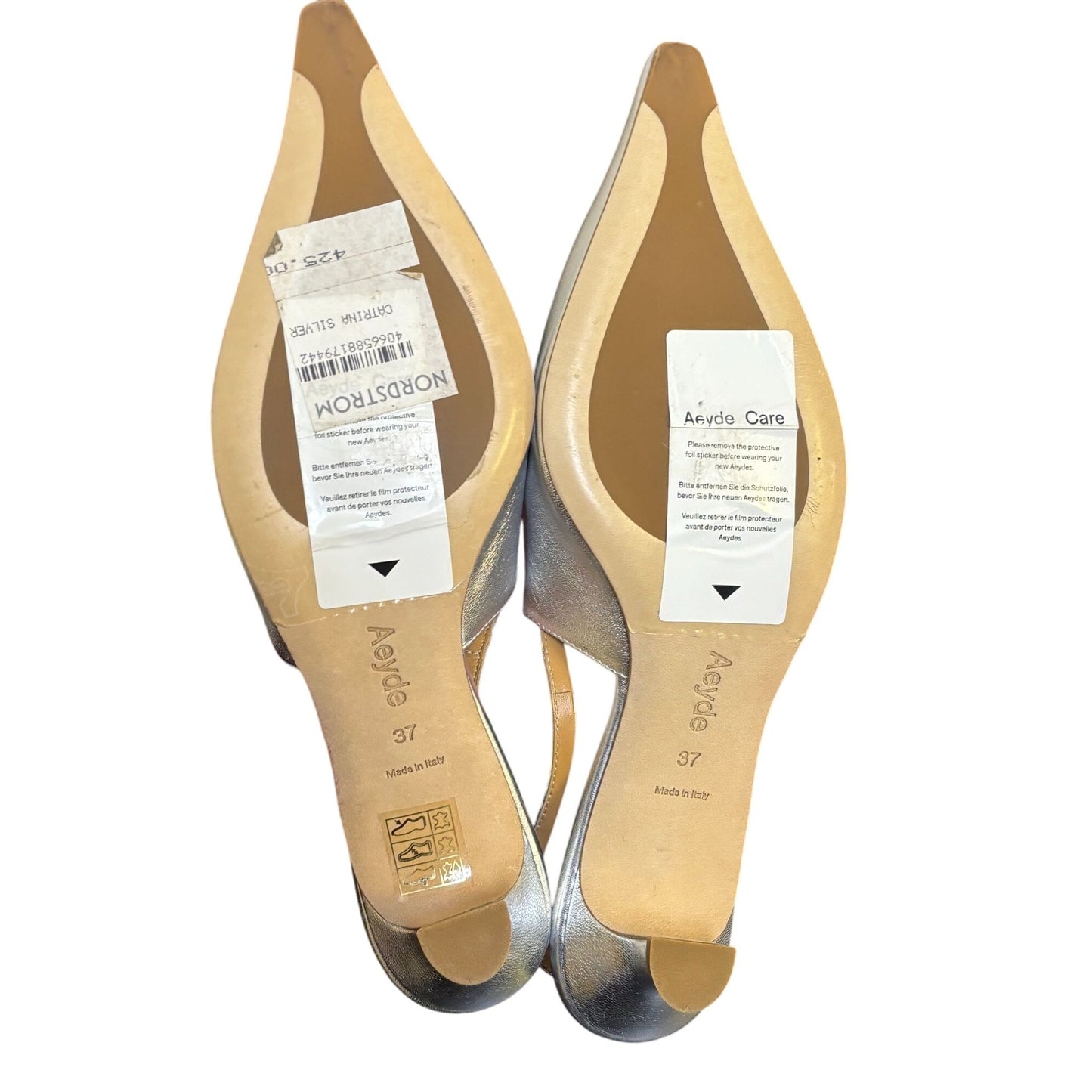 Aeyde Metallic Silver Leather Pointed Toe Slingback Kitten Heel Shoes