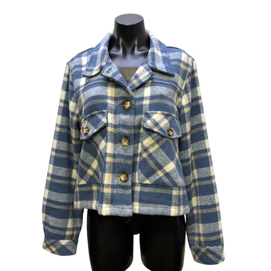 Billy T Plaid Button-Up Jacket Blue Beige M