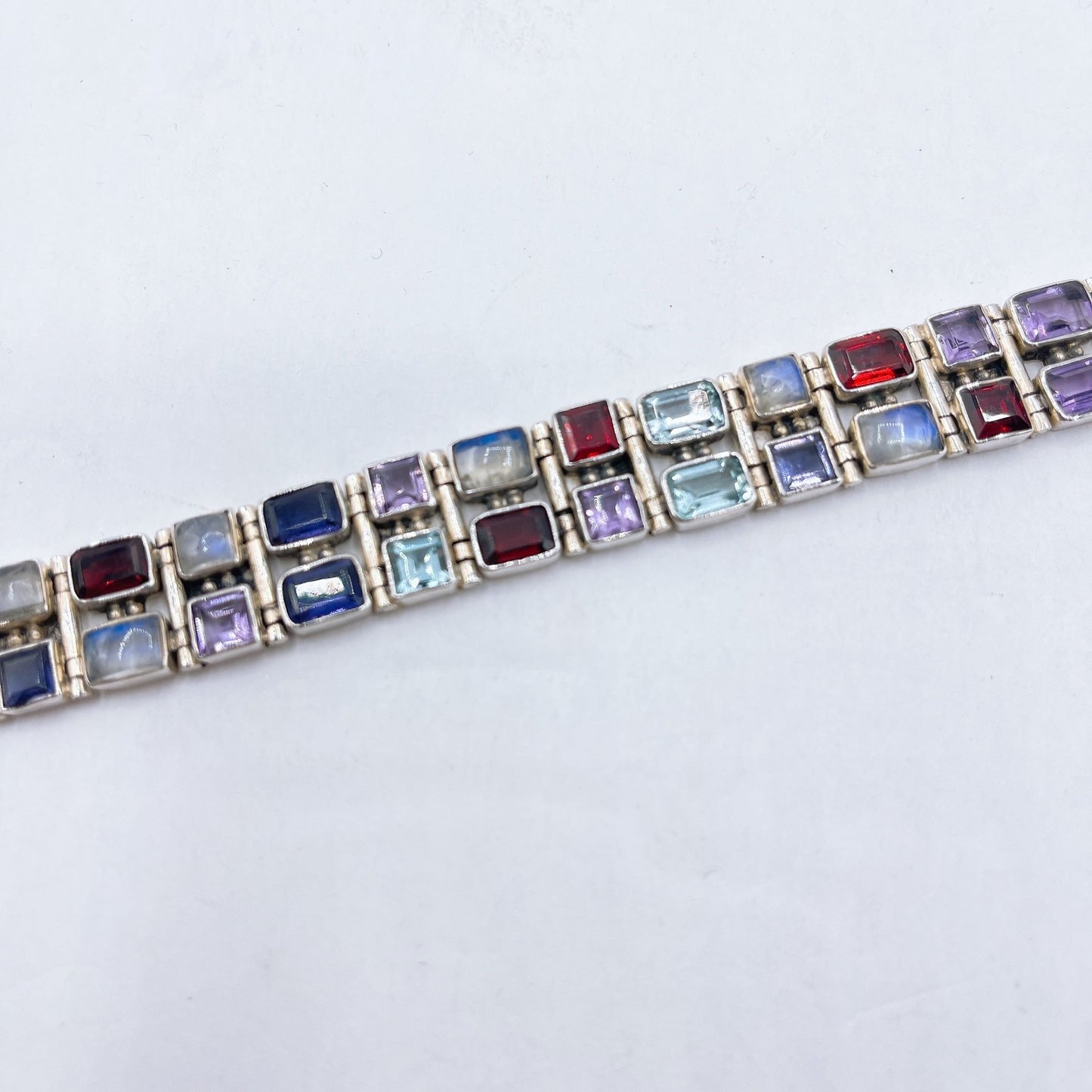 925 Sterling Silver 36 Multi-Precious Stone Tennis Bracelet Box Clasp 7"