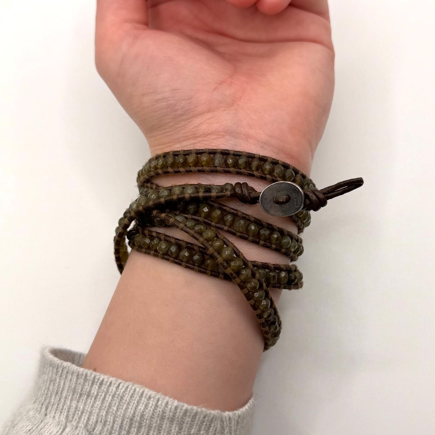 Chan Luu Wrap Bracelet With Green Beads & Leather Cord
