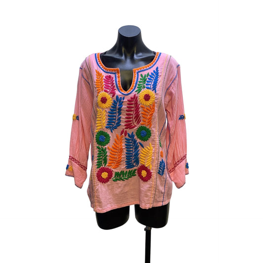 Sister Mary Pink Boho Embroidered Tunic Blouse w/Floral Design Size S