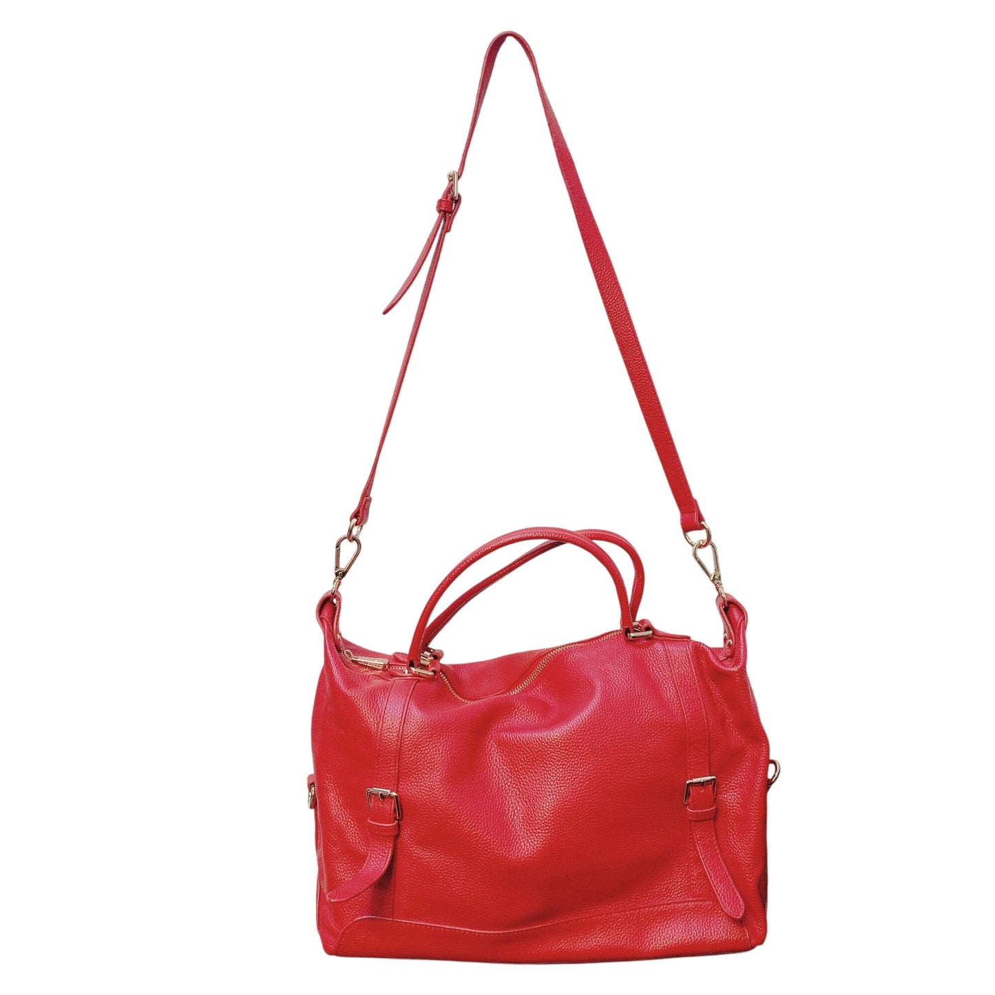 Ora Delphine Red Leather Satchel Handbag With Adjustable Shoulder Strap & Gold Hardware