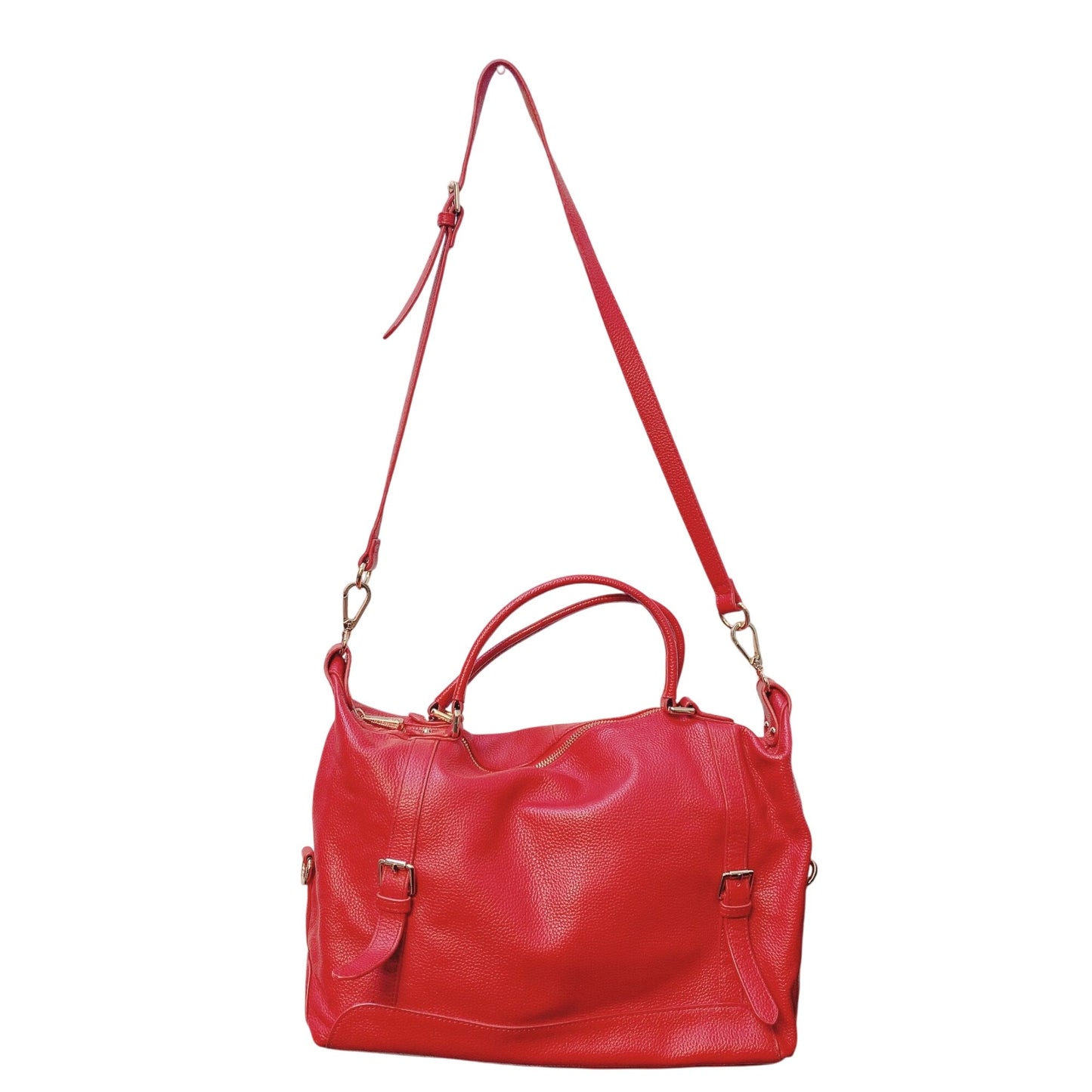 Ora Delphine Red Leather Satchel Handbag With Adjustable Shoulder Strap & Gold Hardware