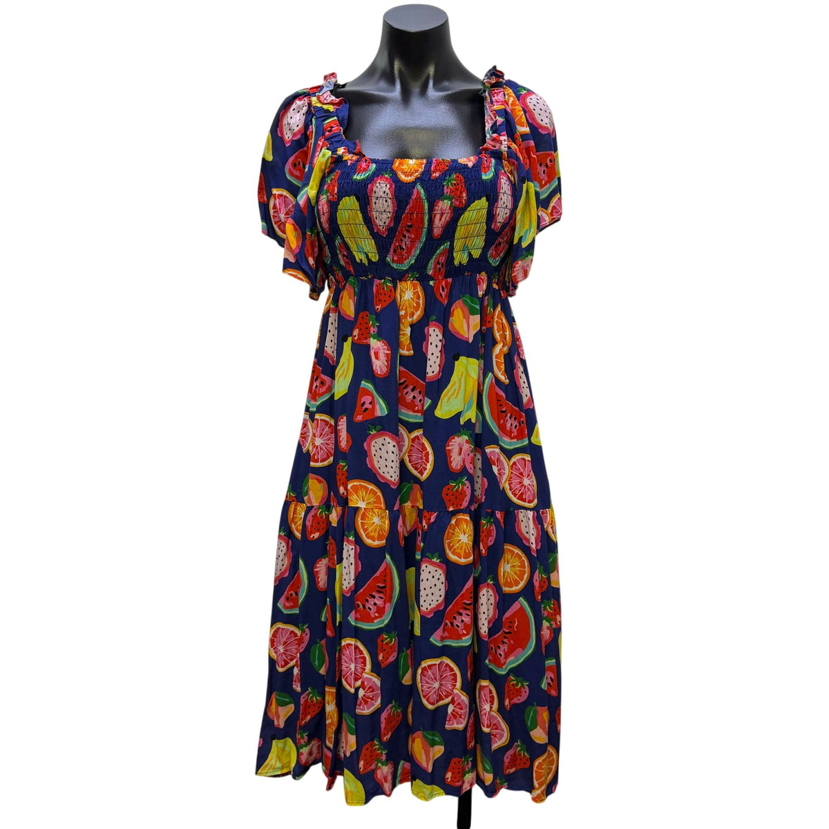 Crosby By Mollie Burch Blue Multi Fruit Print Smocked Midi Dress S