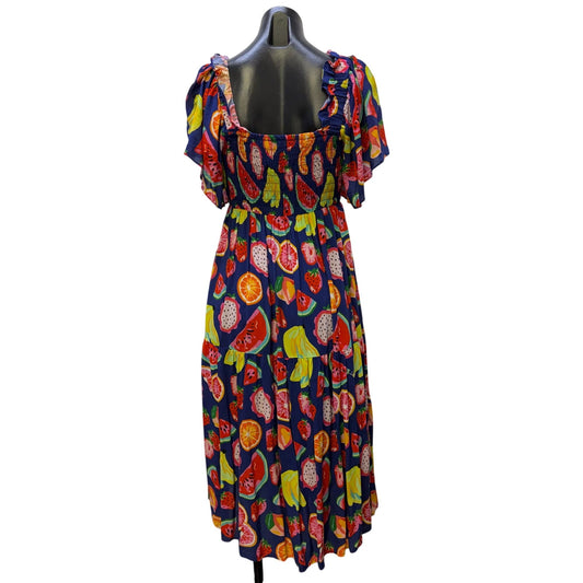 Crosby By Mollie Burch Blue Multi Fruit Print Smocked Midi Dress S