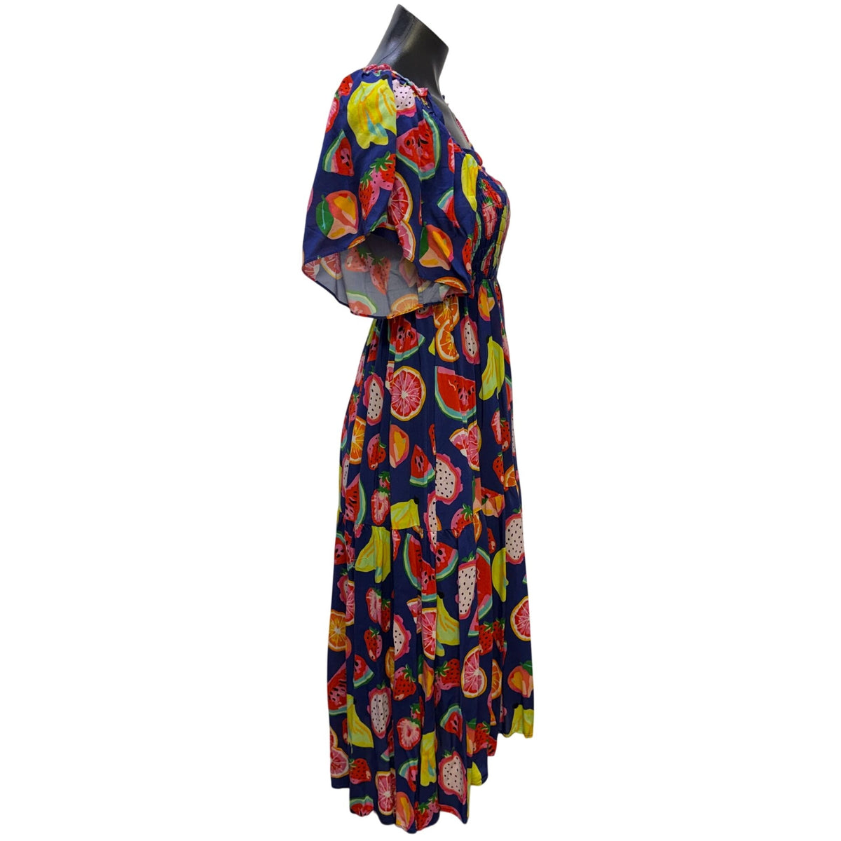 Crosby By Mollie Burch Blue Multi Fruit Print Smocked Midi Dress S