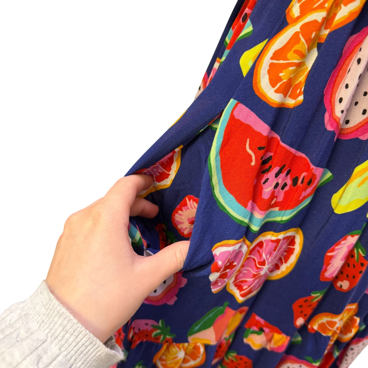 Crosby By Mollie Burch Blue Multi Fruit Print Smocked Midi Dress S