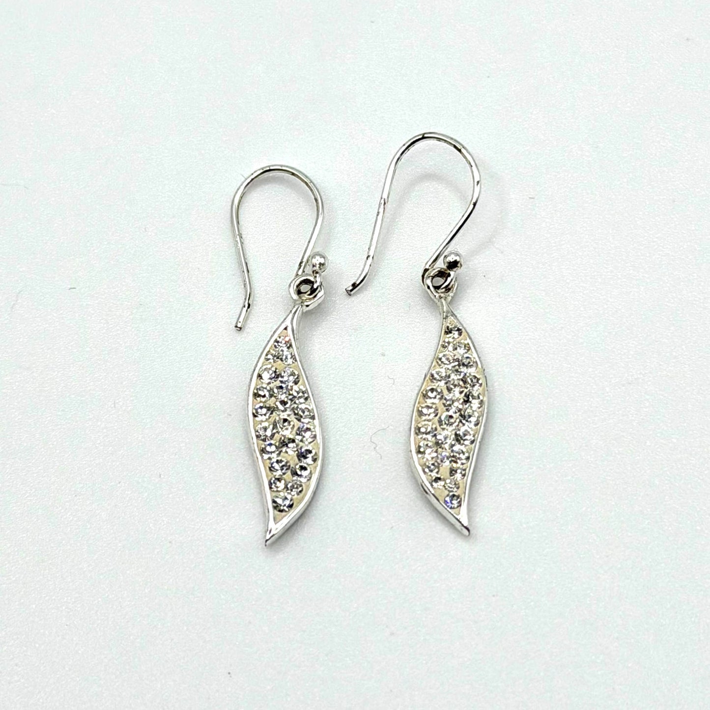 Sterling Silver 925 Crystal Pave Drop Earrings Leaf Shape Dangle Style