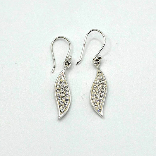 Sterling Silver 925 Crystal Pave Drop Earrings Leaf Shape Dangle Style