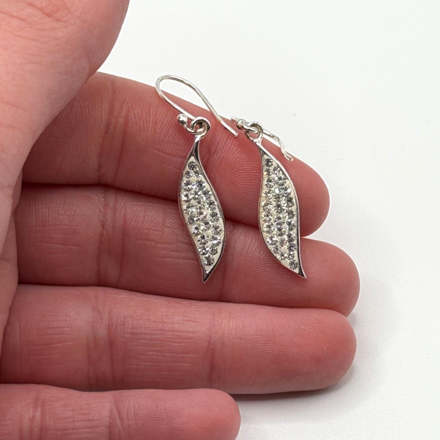 Sterling Silver 925 Crystal Pave Drop Earrings Leaf Shape Dangle Style