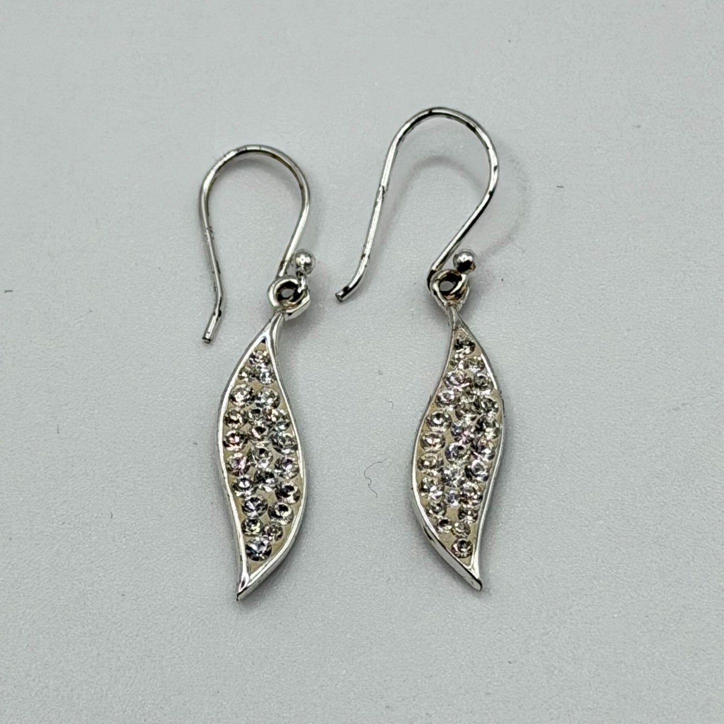 Sterling Silver 925 Crystal Pave Drop Earrings Leaf Shape Dangle Style