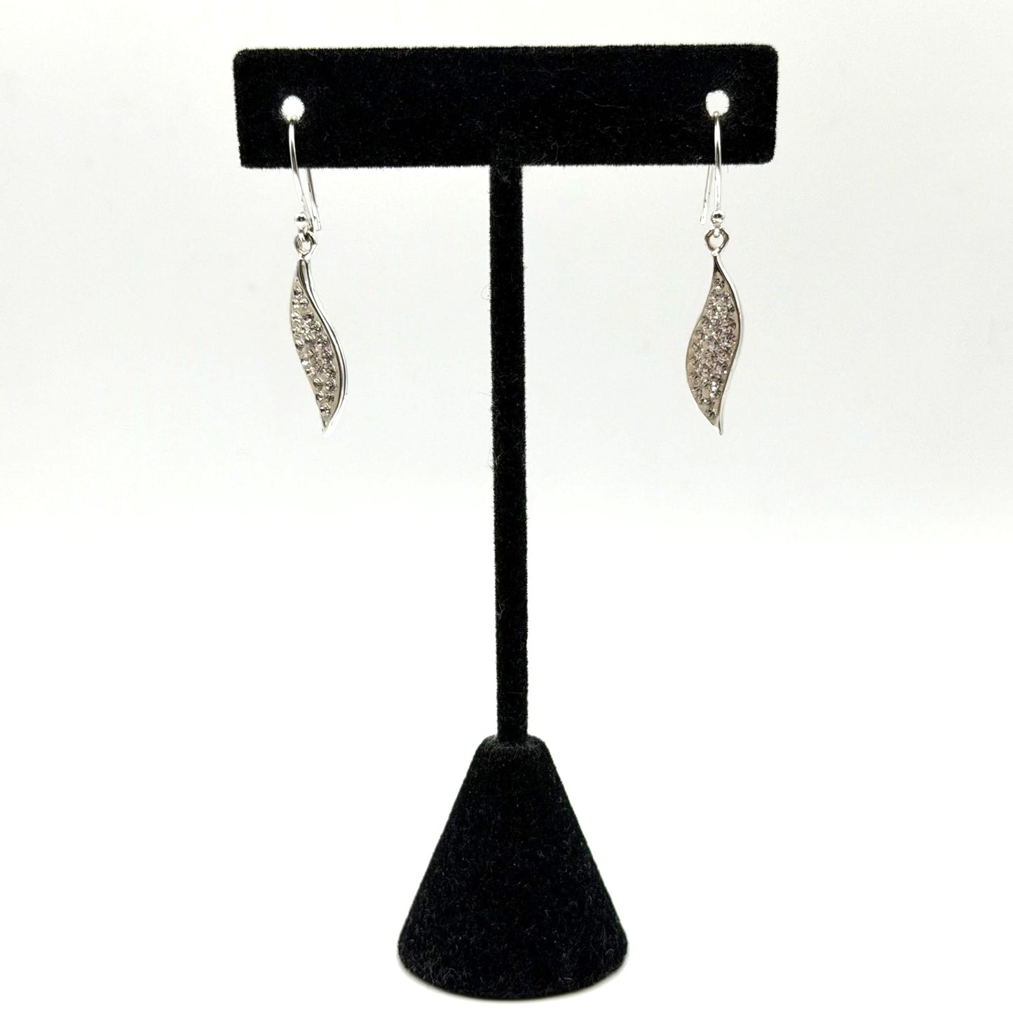 Sterling Silver 925 Crystal Pave Drop Earrings Leaf Shape Dangle Style