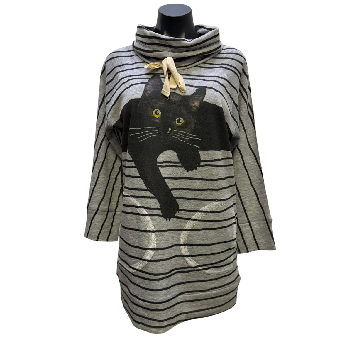 Inoah Gray & Black Striped Cat Print Cowl Neck Tunic Dress XS