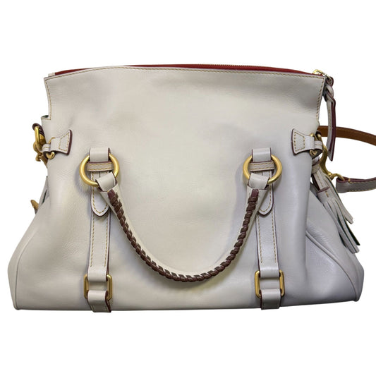 Dooney & Bourke White Leather Shoulder Bag With Tassel Details Large