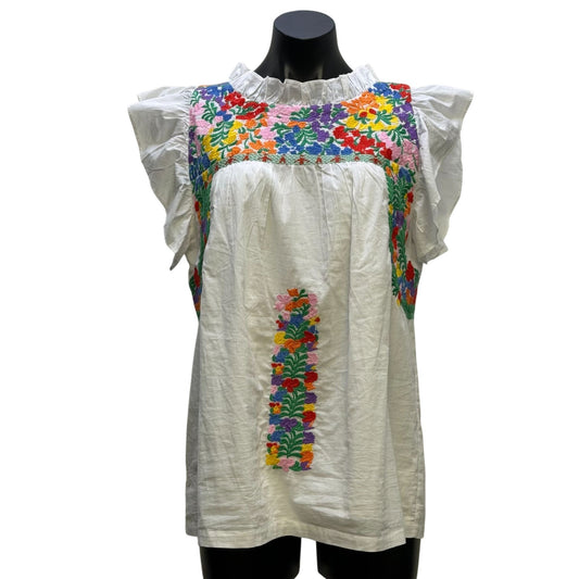 J. Marie White Blouse With Multicolor Floral Embroidery Ruffle Sleeves L