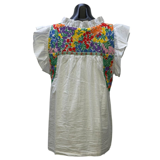 J. Marie White Blouse With Multicolor Floral Embroidery Ruffle Sleeves L
