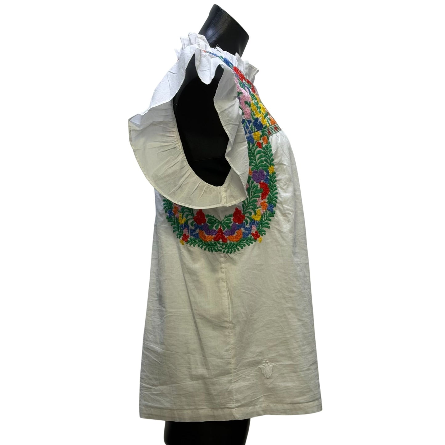 J. Marie White Blouse With Multicolor Floral Embroidery Ruffle Sleeves L