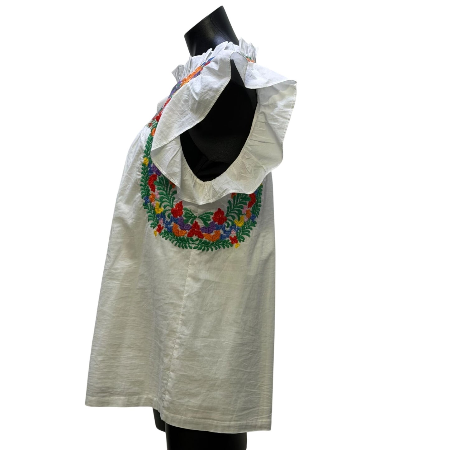 J. Marie White Blouse With Multicolor Floral Embroidery Ruffle Sleeves L
