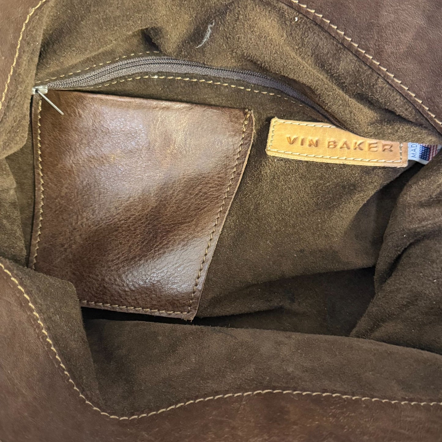 Vin Baker Brown Suede & Leather Shoulder Bag With Textured Design