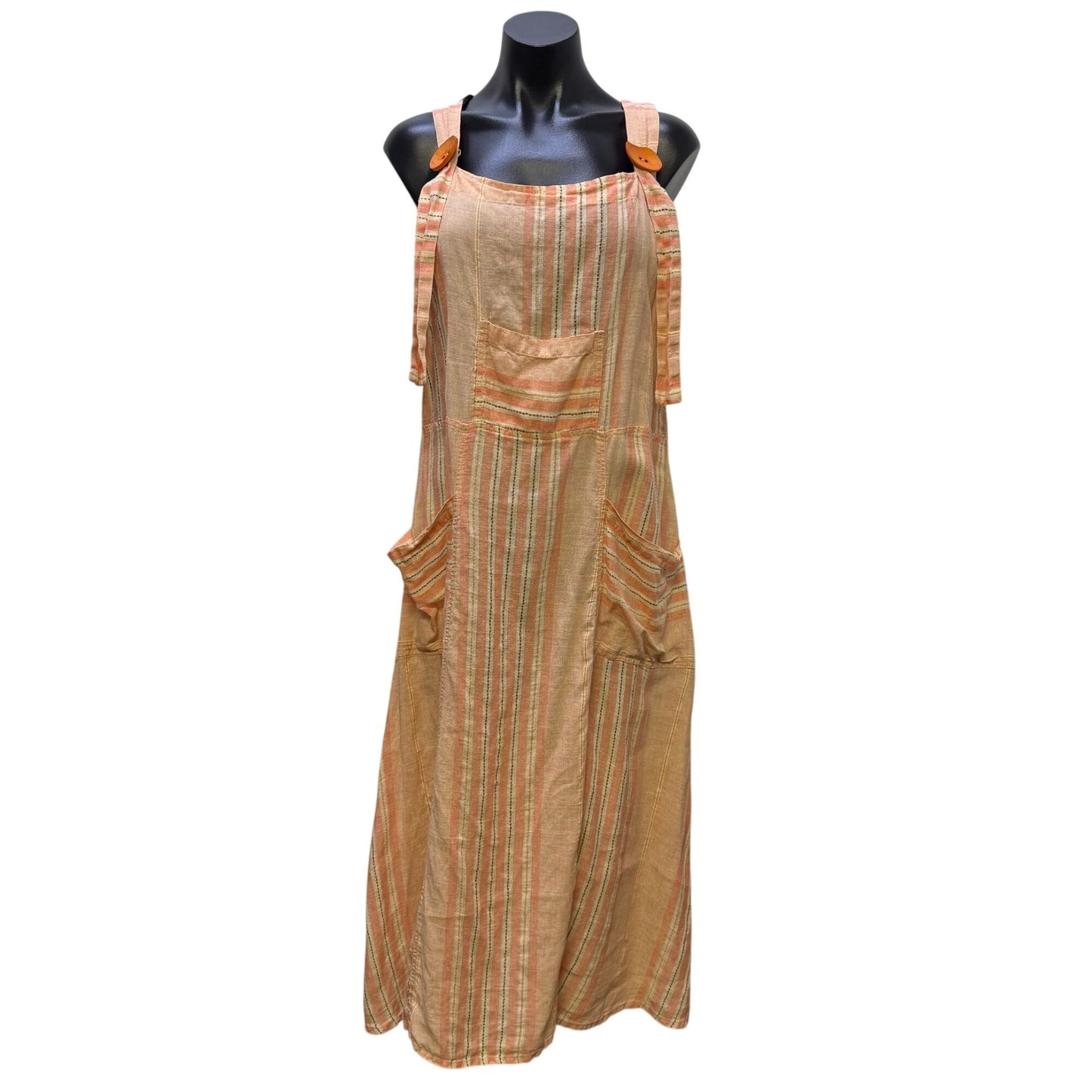 Flax Striped Linen Button Strap Apron Dress Peach M