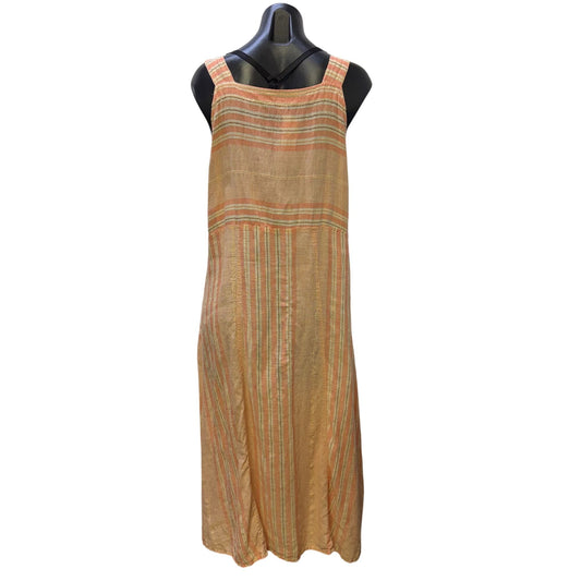 Flax Striped Linen Button Strap Apron Dress Peach M