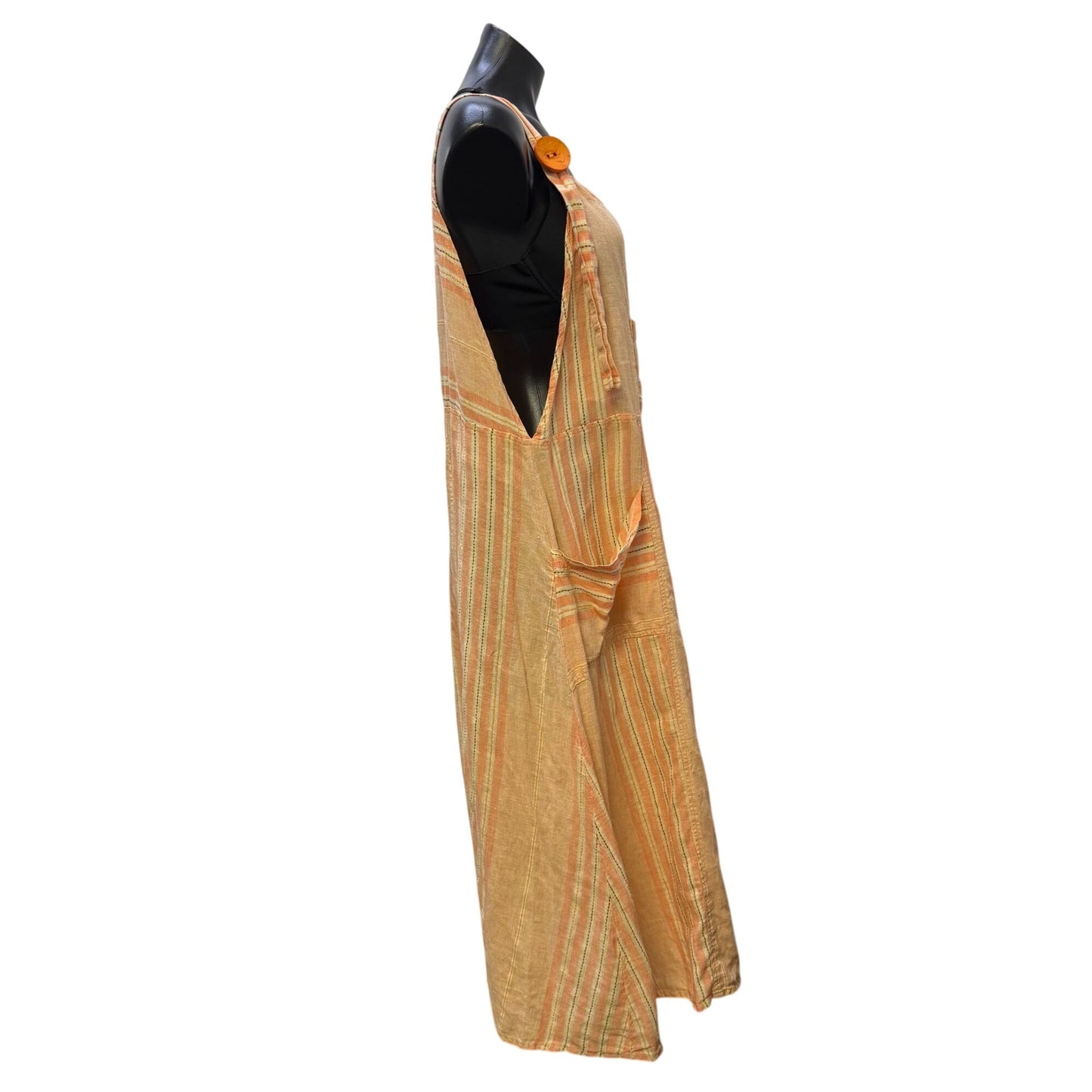 Flax Striped Linen Button Strap Apron Dress Peach M