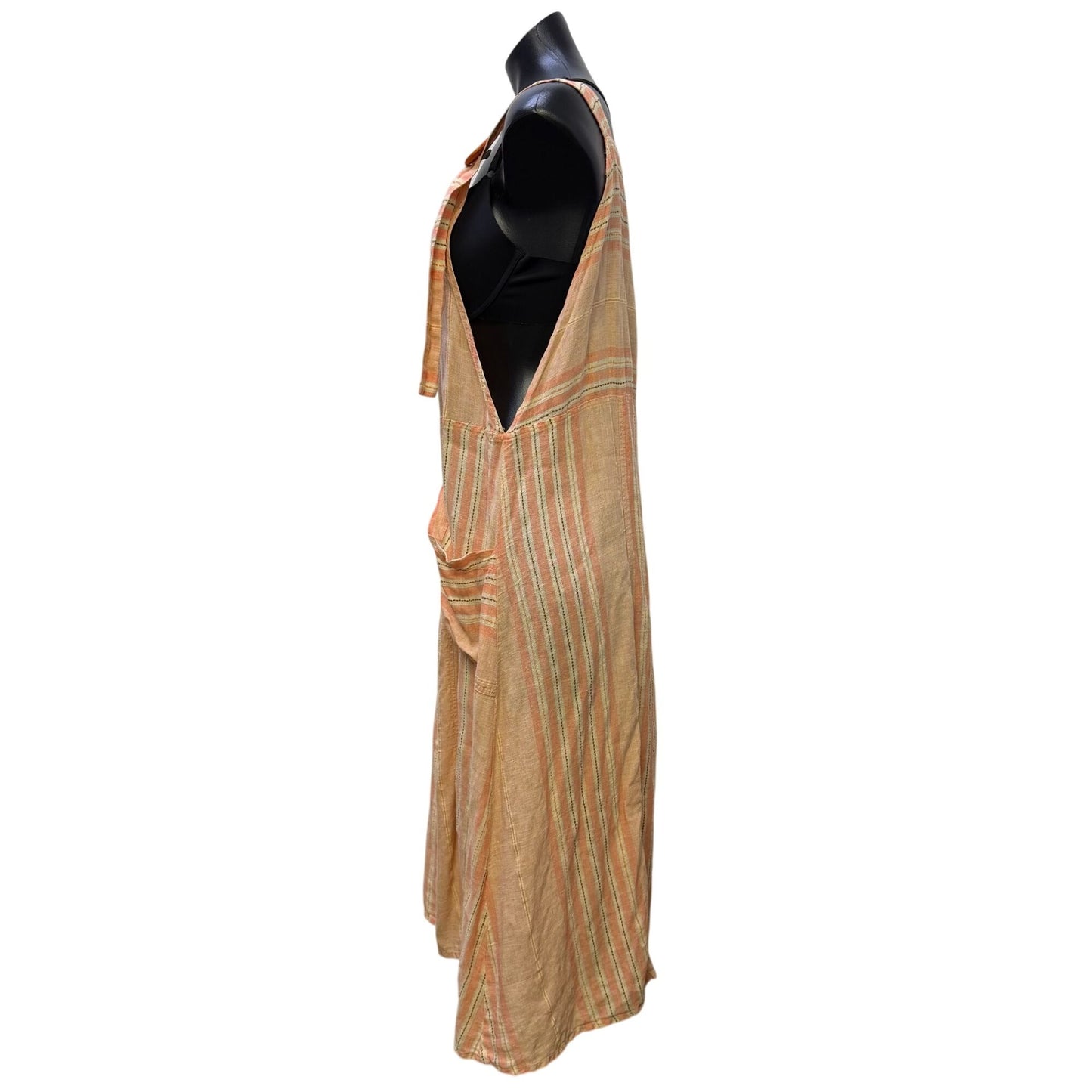 Flax Striped Linen Button Strap Apron Dress Peach M