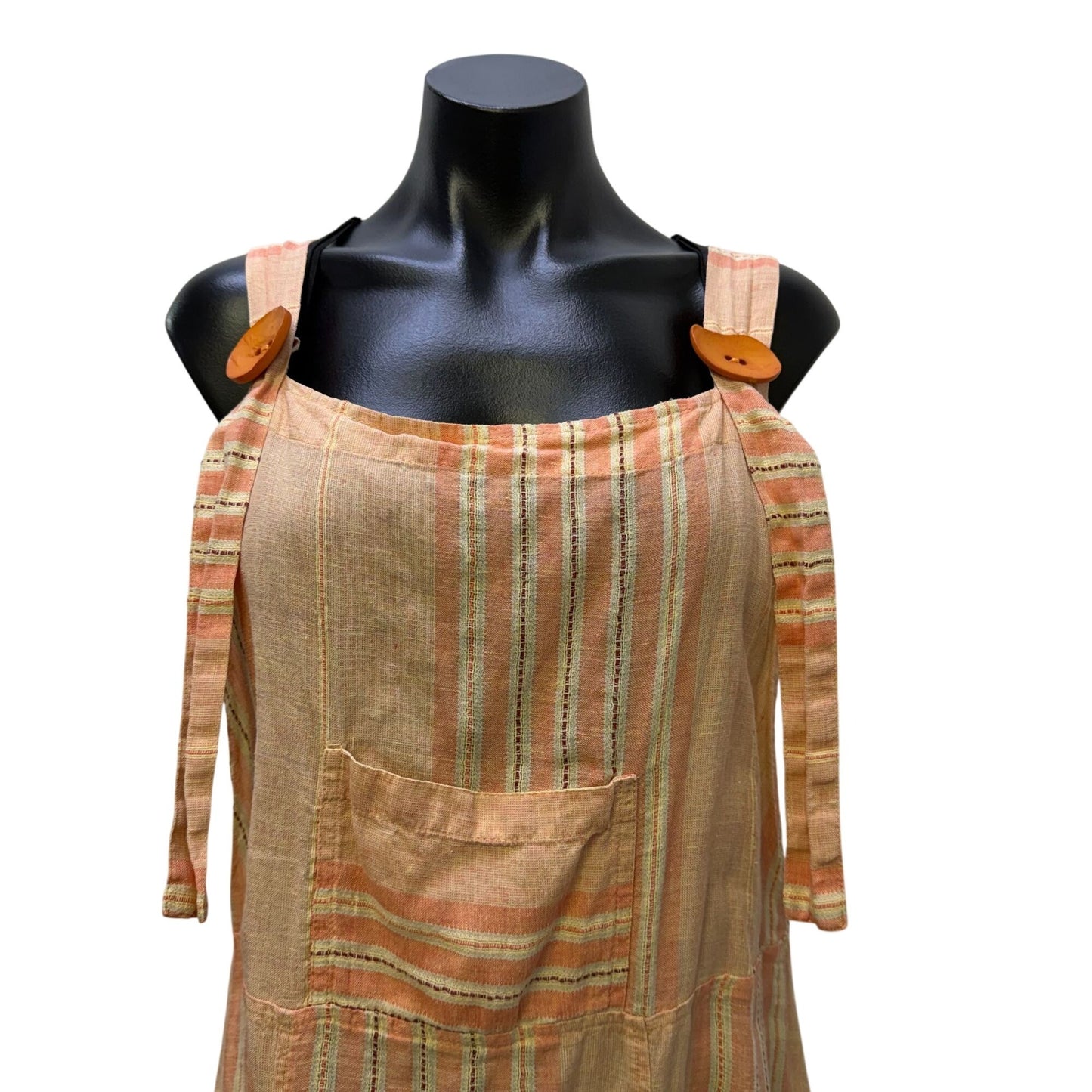 Flax Striped Linen Button Strap Apron Dress Peach M