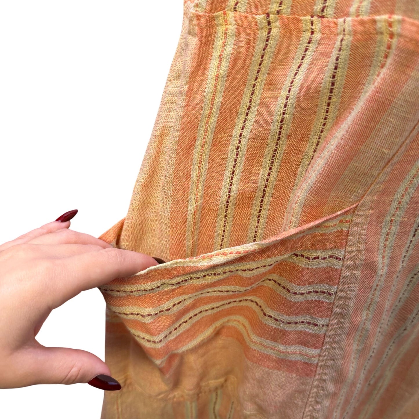 Flax Striped Linen Button Strap Apron Dress Peach M