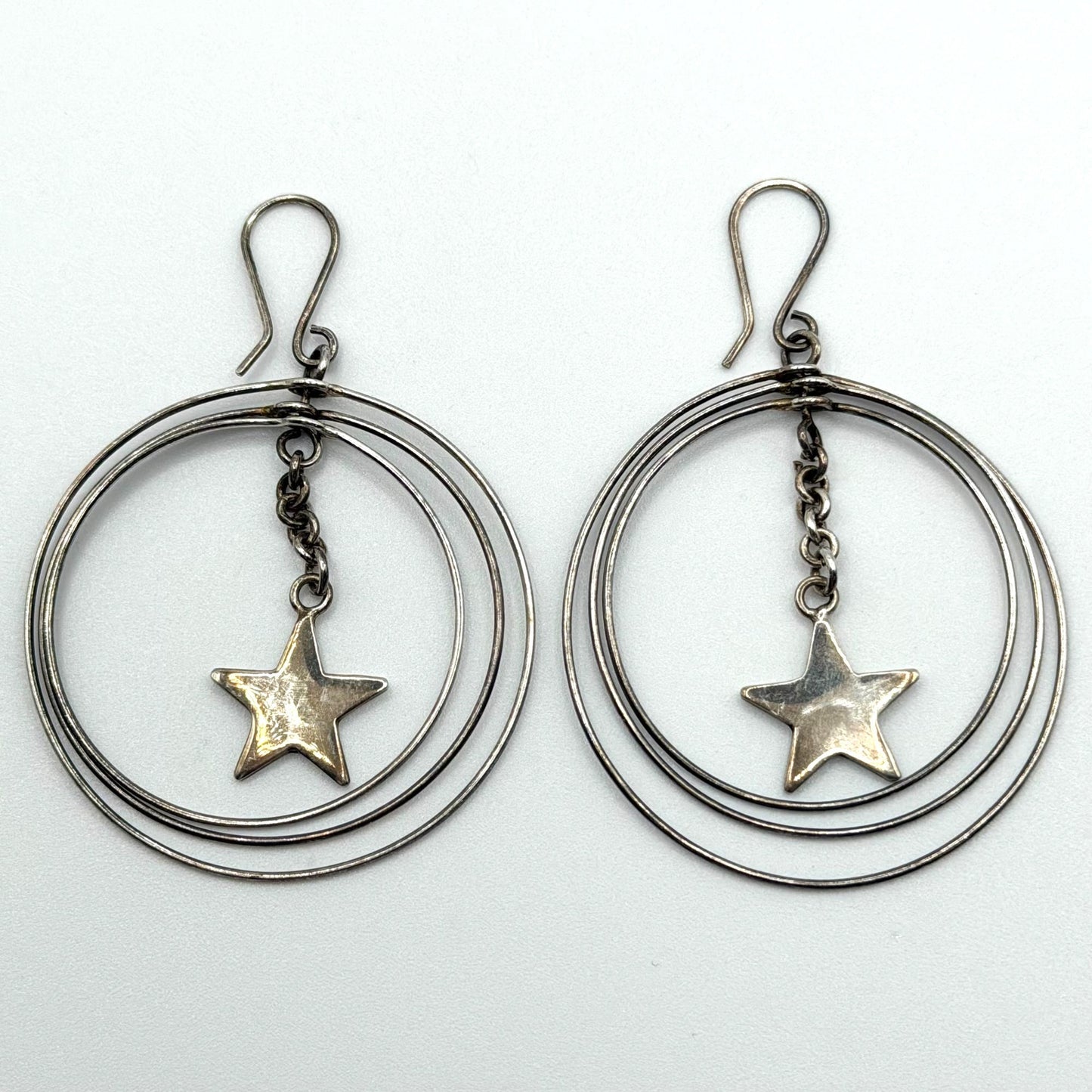 Sterling Silver 925 Star Dangle Hoop Earrings With Triple Circle Design