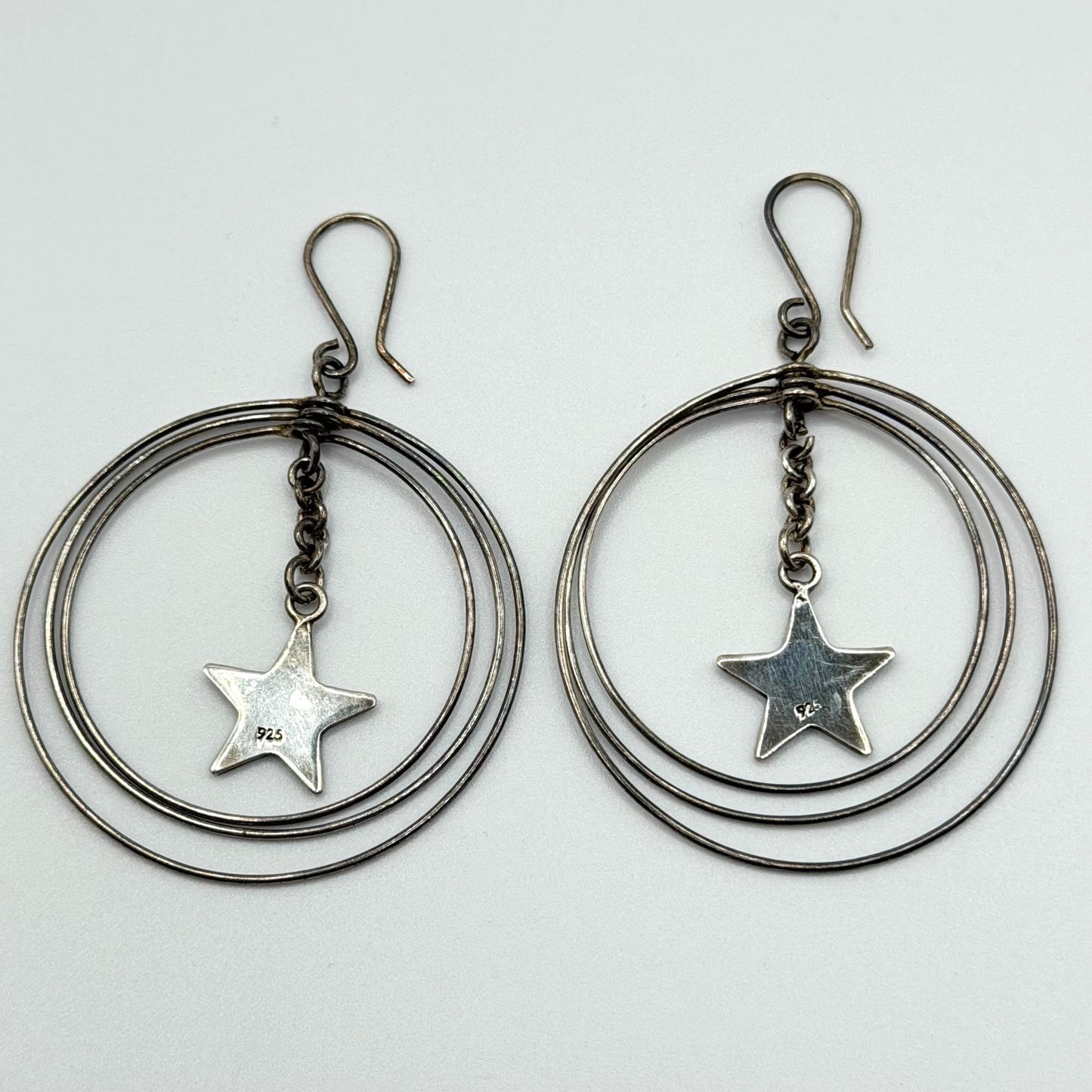 Sterling Silver 925 Star Dangle Hoop Earrings With Triple Circle Design