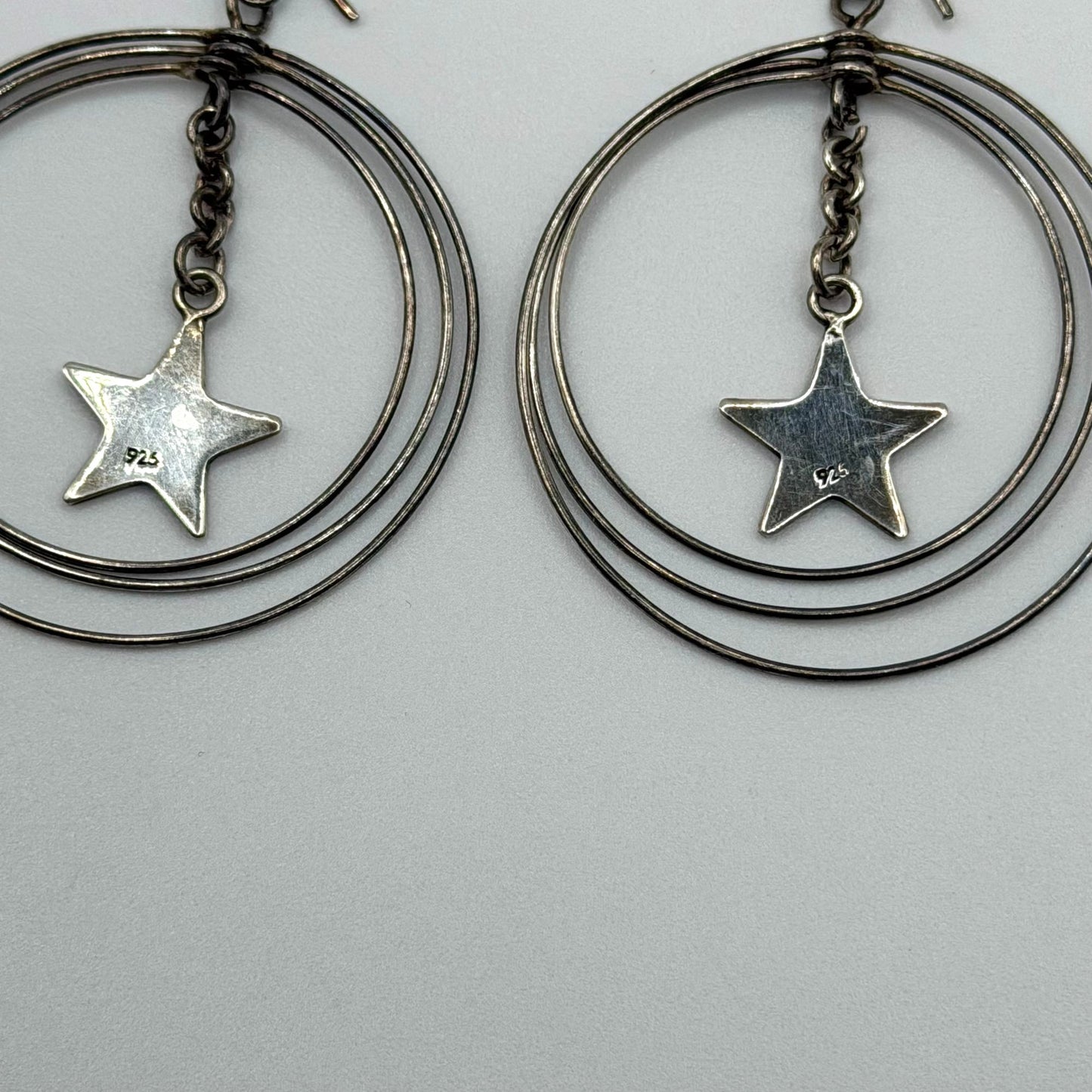 Sterling Silver 925 Star Dangle Hoop Earrings With Triple Circle Design