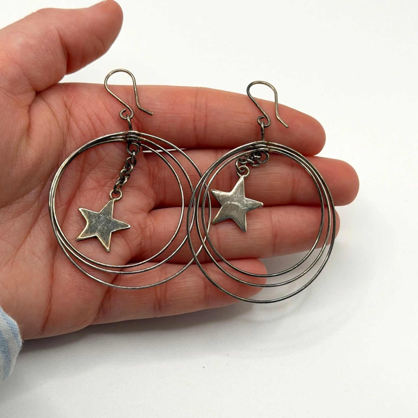 Sterling Silver 925 Star Dangle Hoop Earrings With Triple Circle Design