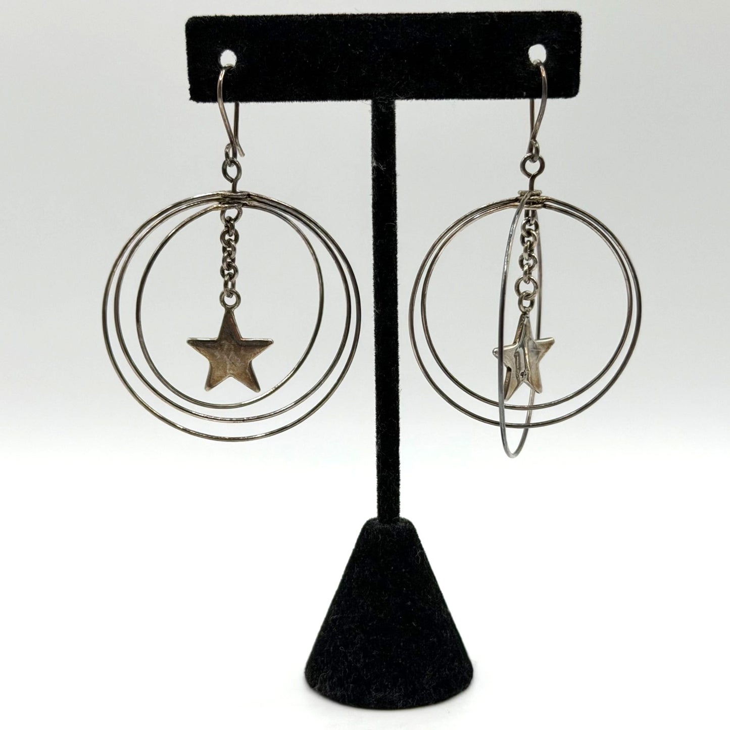 Sterling Silver 925 Star Dangle Hoop Earrings With Triple Circle Design