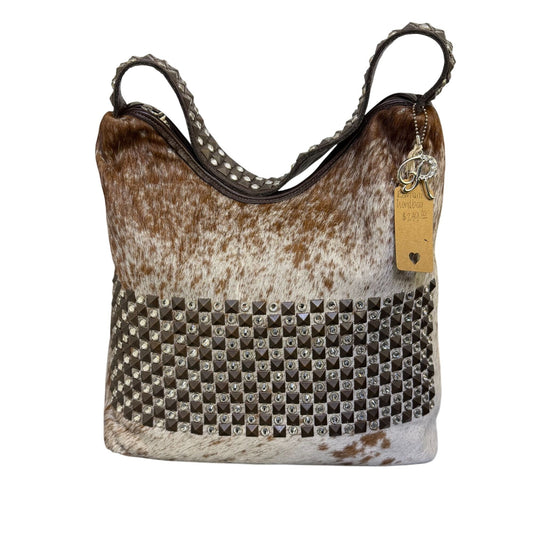 Raviani Brown Cowhide Leather Handbag With Studded Accents