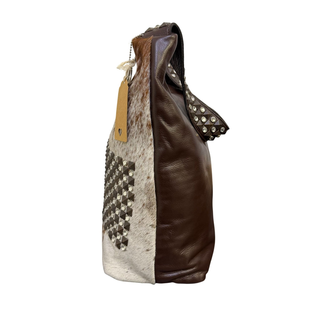 Raviani Brown Cowhide Leather Handbag With Studded Accents