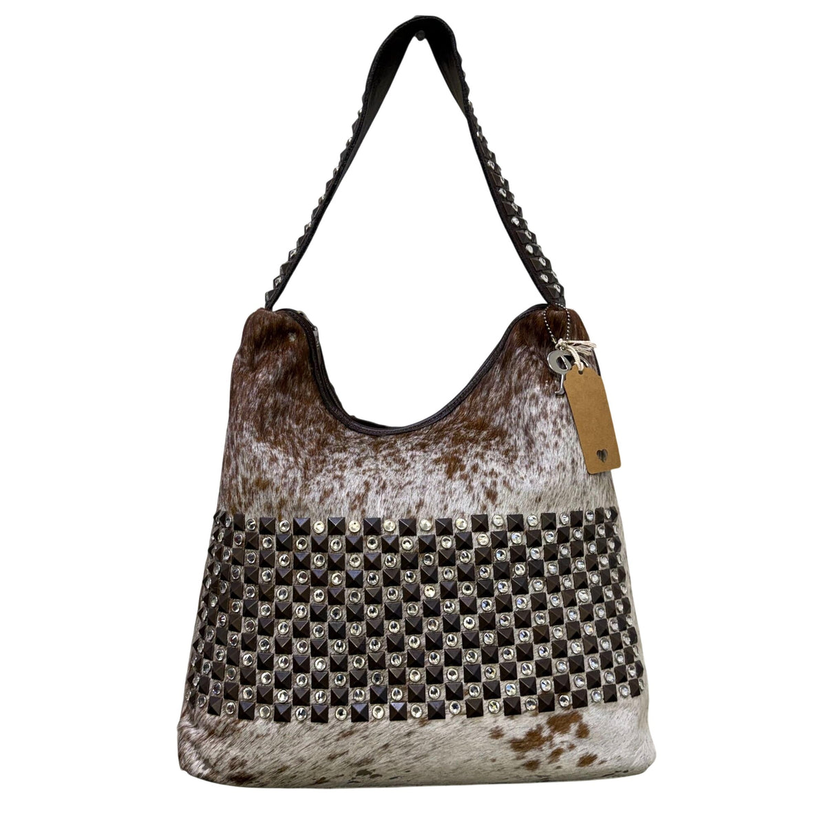 Raviani Brown Cowhide Leather Handbag With Studded Accents